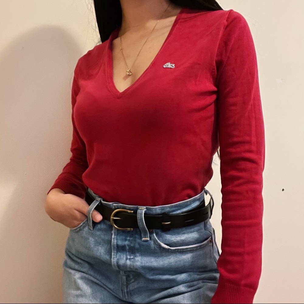 Lacoste Red V-Neck Long Sleeve Shirt